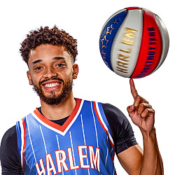 Maxwell Pearce '18 in a Harlem Globetrotters jersey spinning a basketball