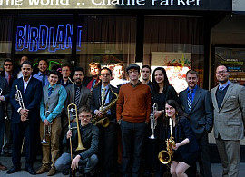 Members of the Purchase Latin Jazz orchestra outside the Birdland venue in 2015