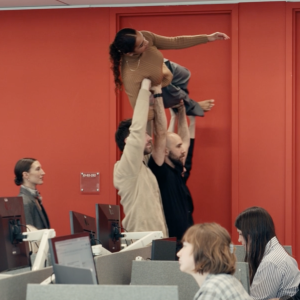 Screen capture from the Live From the 10th Floor performance at T Magazine featuring Trisha Brown Dance Company.