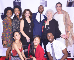 Top row L to R: Tamisha Guy '13, Marcella Lewis '16, Denise Roberts Hurlin '84, Kyle Abraham, former dean Carol Walker, and associate pro...