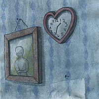 Framed image and heart-shaped clock on a blue wall.
