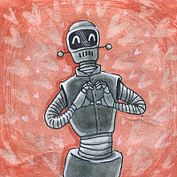 A robot with hands in a heart shape.