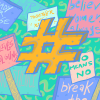 An illustration of a hashtag, surrounded by handwritten protest posters.