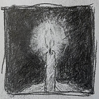 A pencil-sketched candle burns.