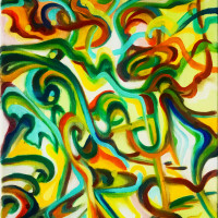 Yellow painting with swirls of other colors.