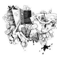 Black and white digitally drawn collage of falling furniture and girl reaching inside a cabinet.