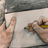 Hand drawing with a cup of tea alongside.