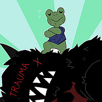 Frog standing atop a felled monster with the word trauma across his forehead.
