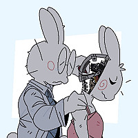 A human rabbit reaches into the brain of a mechanical rabbit.