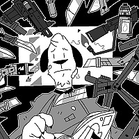 A dog getting a haircut surrounded by weapons.