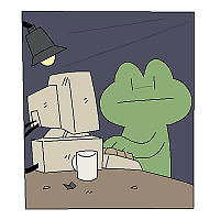 Frog hard at work at a computer.