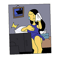 Woman crying in front of a television.