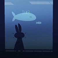 Rabbit staring at two fish beneath a reverse exit sign.