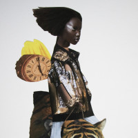 Dark-skinned girl holding tiger head and clock.