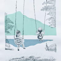 Two children on swings, a mountain and trees in the distance.