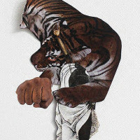 Fist and tiger body, in collage.