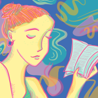 An illustration of a young woman reading a book.
