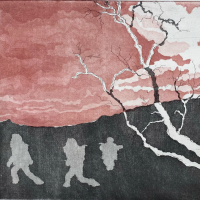 Red background, black and white trees, three shadowy figures.