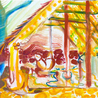 Painting of a barn loft.