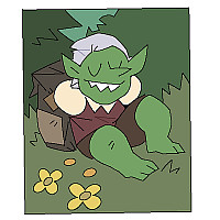 Troll asleep in the forest with a knapsack.