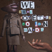 A woman in a suit with no eyes, and a collage of the words ?We come together to join hands.?