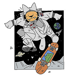 A cartoon cat in a spacesuit, on a skateboard.