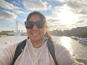 Stephanie Sanchez with London skyline behind.