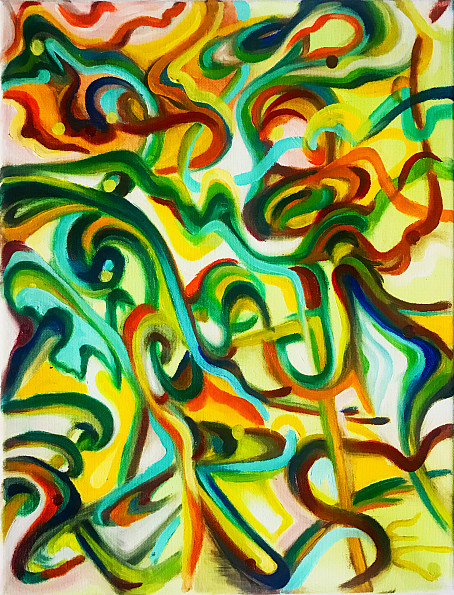 Yellow painting with swirls of other colors.