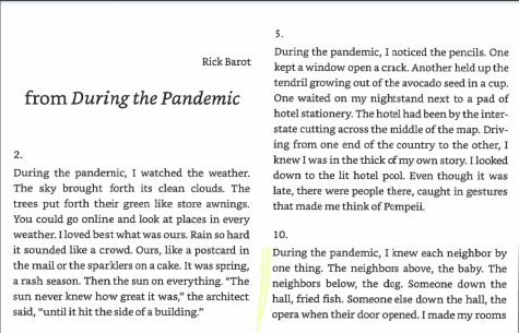 A photograph of an excerpt of Rick Barot's prose-poem During the Pandemic.