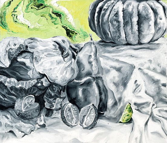 Gray pumpkin and fruit with green background.