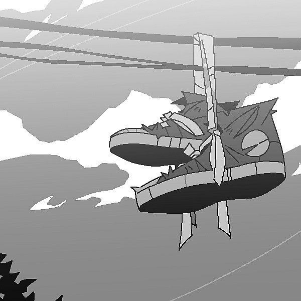 Sneakers hung from overhead powerlines.
