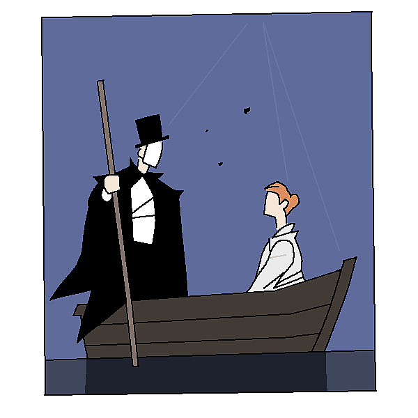 Phantom of the opera and captive in a boat.