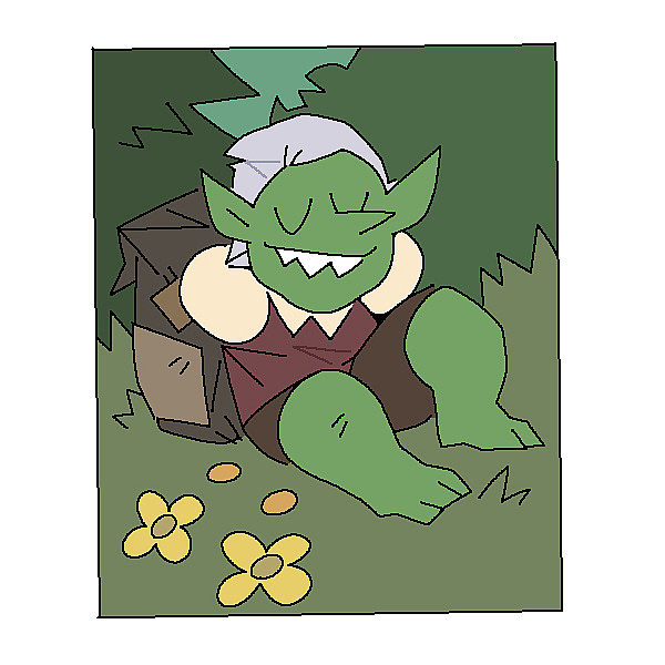 Troll asleep in the forest with a knapsack.