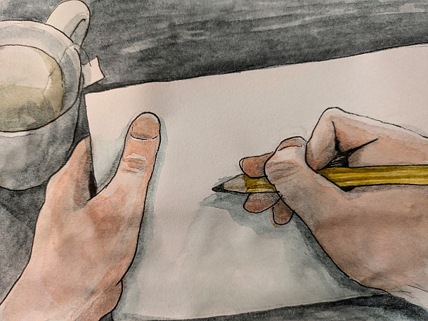 Hand drawing with a cup of tea alongside.