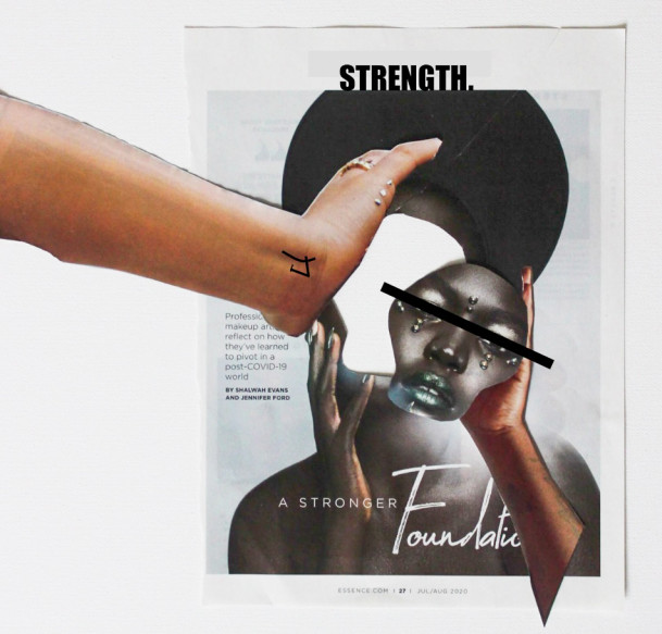STRENGTH 1 Head in background with collaged face being removed with one hand.