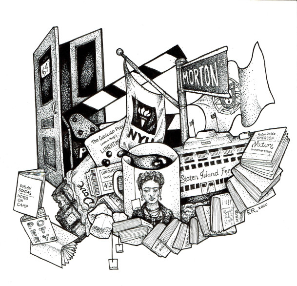 Black and white collage digital drawing of NYC street signs, Frida Kahlo portrait, a classroom door. 