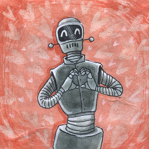 A robot with hands in a heart shape.