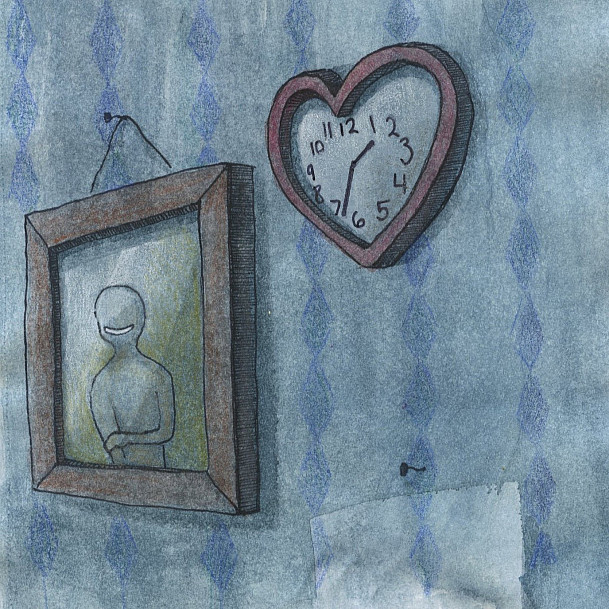 Framed image and heart-shaped clock on a blue wall.