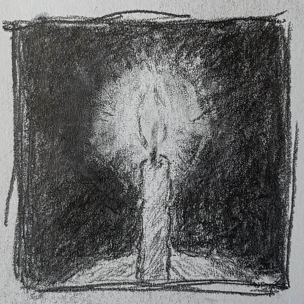 A pencil-sketched candle burns.