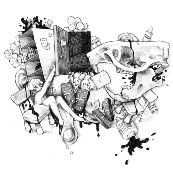 Black and white digitally drawn collage of falling furniture and girl reaching inside a cabinet.