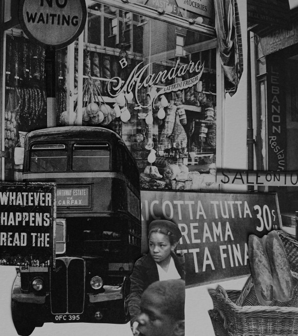 Old time black and white store signs.