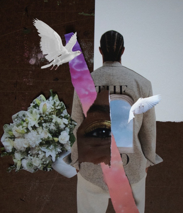 Man facing away from camera with wings and birds coming from his back.