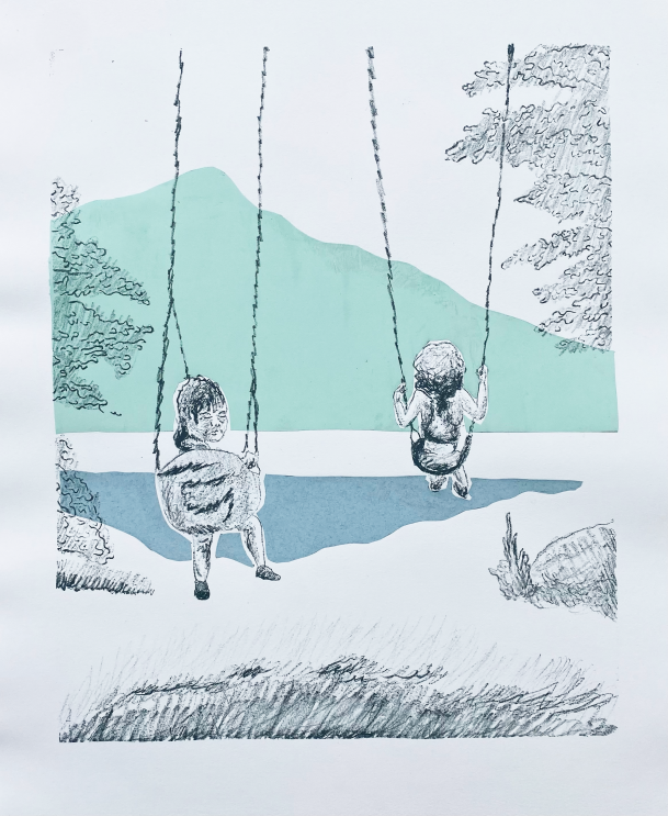 Two children on swings, a mountain and trees in the distance.