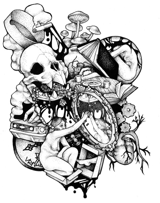 A black and white digital drawing of a woman reaching through a mirror, surrounded by objects.