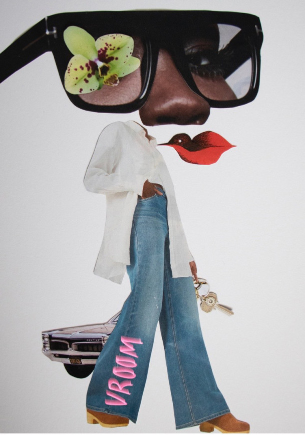 Woman with big sunglasses, red lipstick, and car keys.