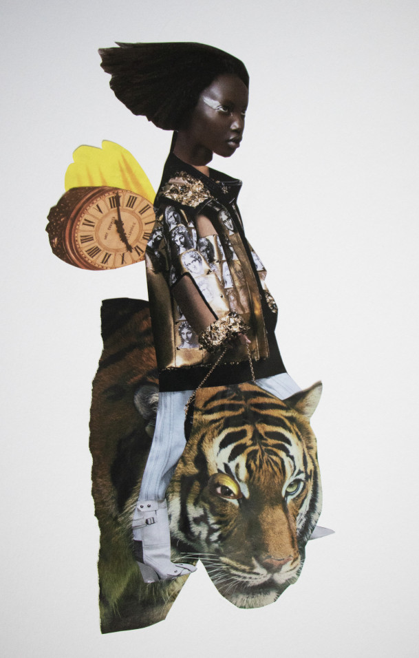 Dark-skinned girl holding tiger head and clock.