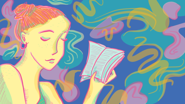 An illustration of a young woman reading a book.