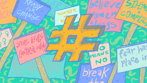 An illustration of a hashtag, surrounded by handwritten protest posters.