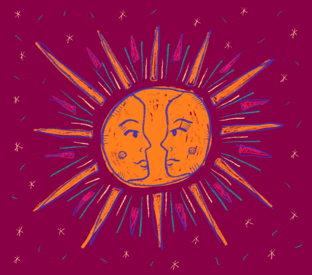 Two faces inside of a sun.