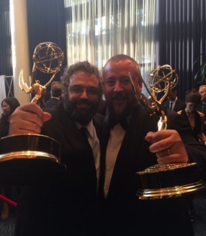 Jonah Kaplan '93 and Shane Smith of Vice Media hold their Emmy® Awards